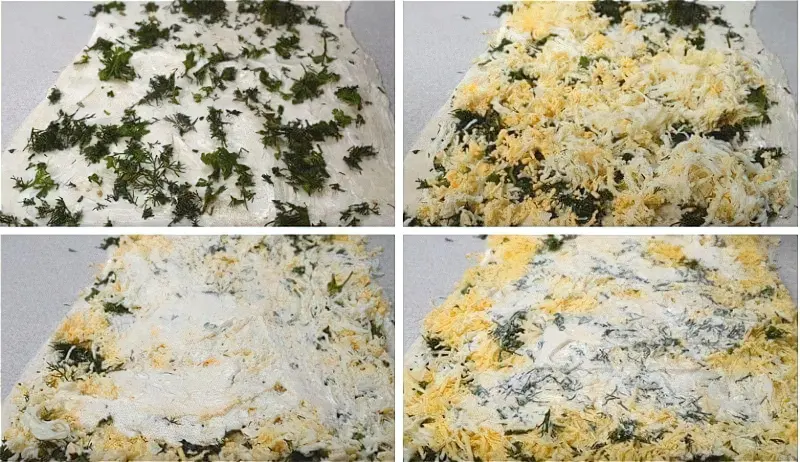 Покриваємо другий лист лаваша начинкою з яєць, зелені і сиру